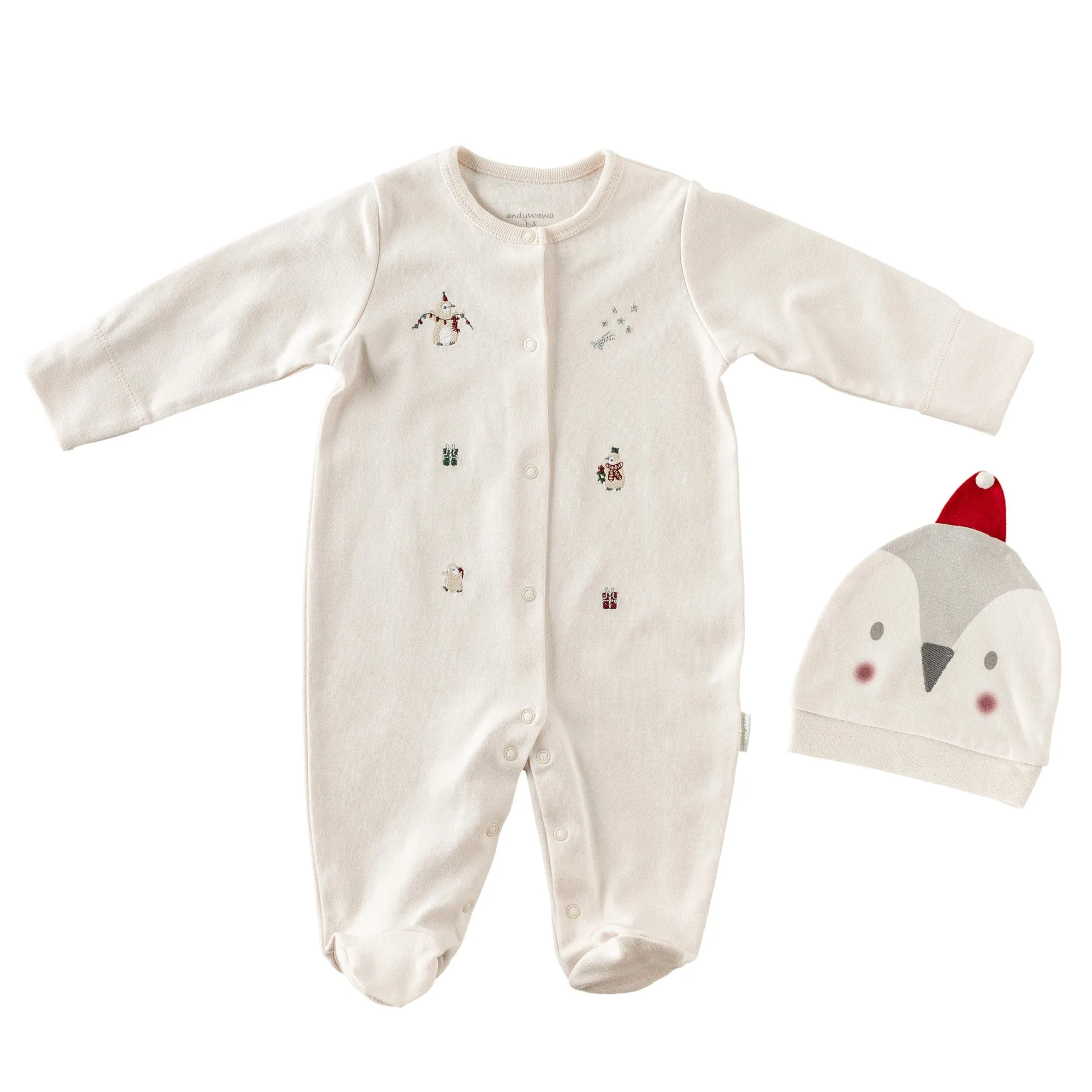 Cream Penguin Print Babygrow & Hat
