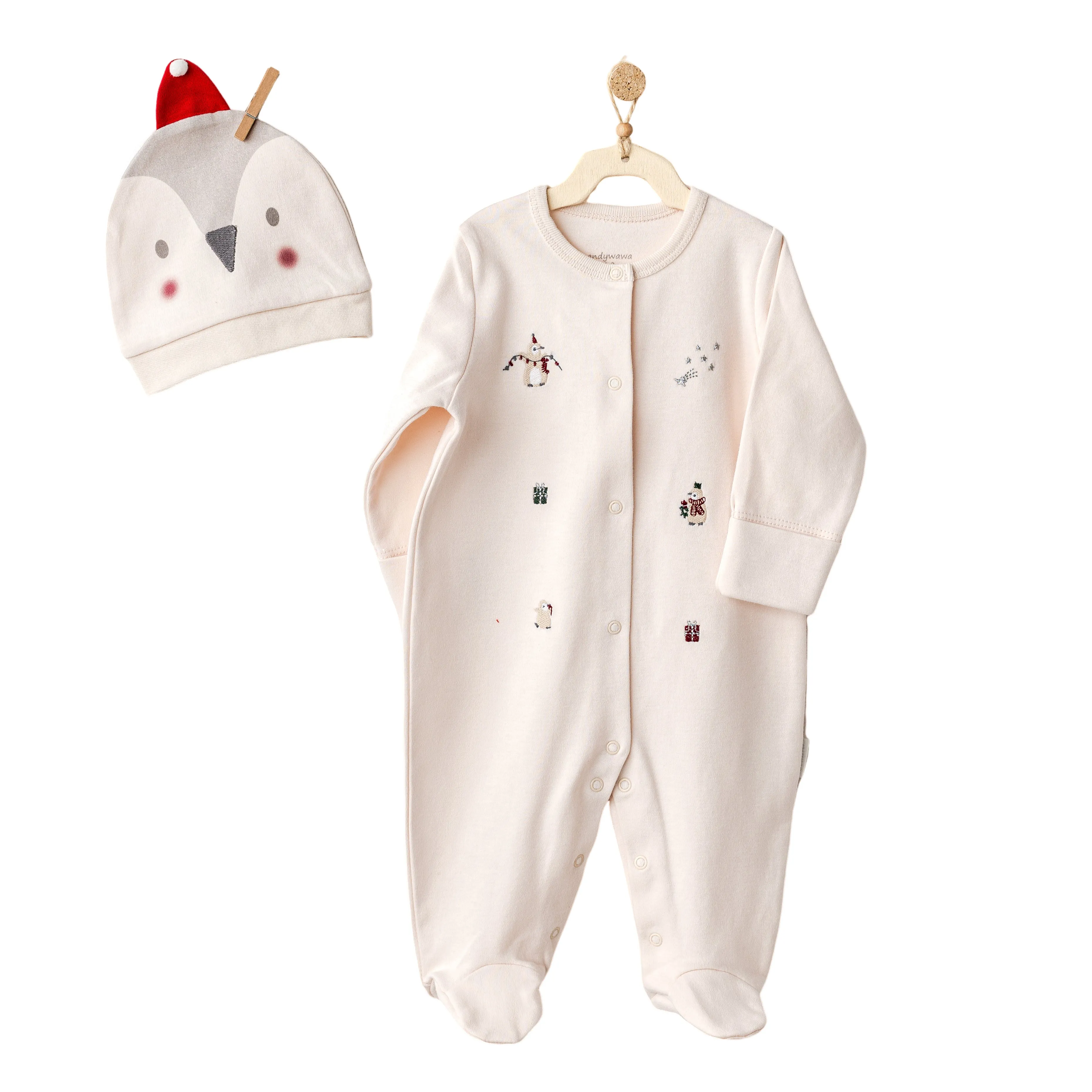Cream Penguin Print Babygrow & Hat