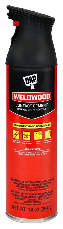 DAP Weldwood 7079800120 Contact Cement Spray Adhesive, Solvent, Clear, 24 hr Curing, 14 oz Aerosol Can :CAN: QUANTITY: 1