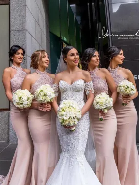 Elegant Blush High Neck Lace Satin Mermaid Bridesmaid Dresses PB141