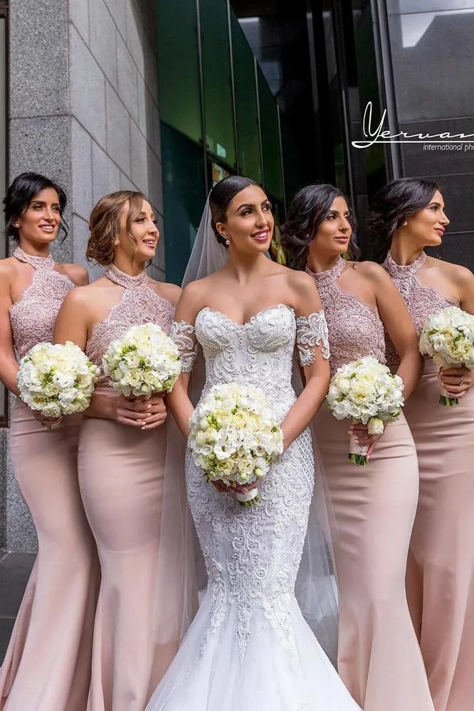Elegant Blush High Neck Lace Satin Mermaid Bridesmaid Dresses PB141