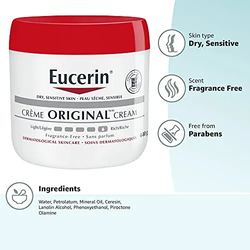 Eucerin Original Healing Cream, Unscented Body Cream for Extremely Dry, Sensitive and Compromised Skin, Emollient Enriched Body Moisturizer, 16 Oz Jar, Pack of 2