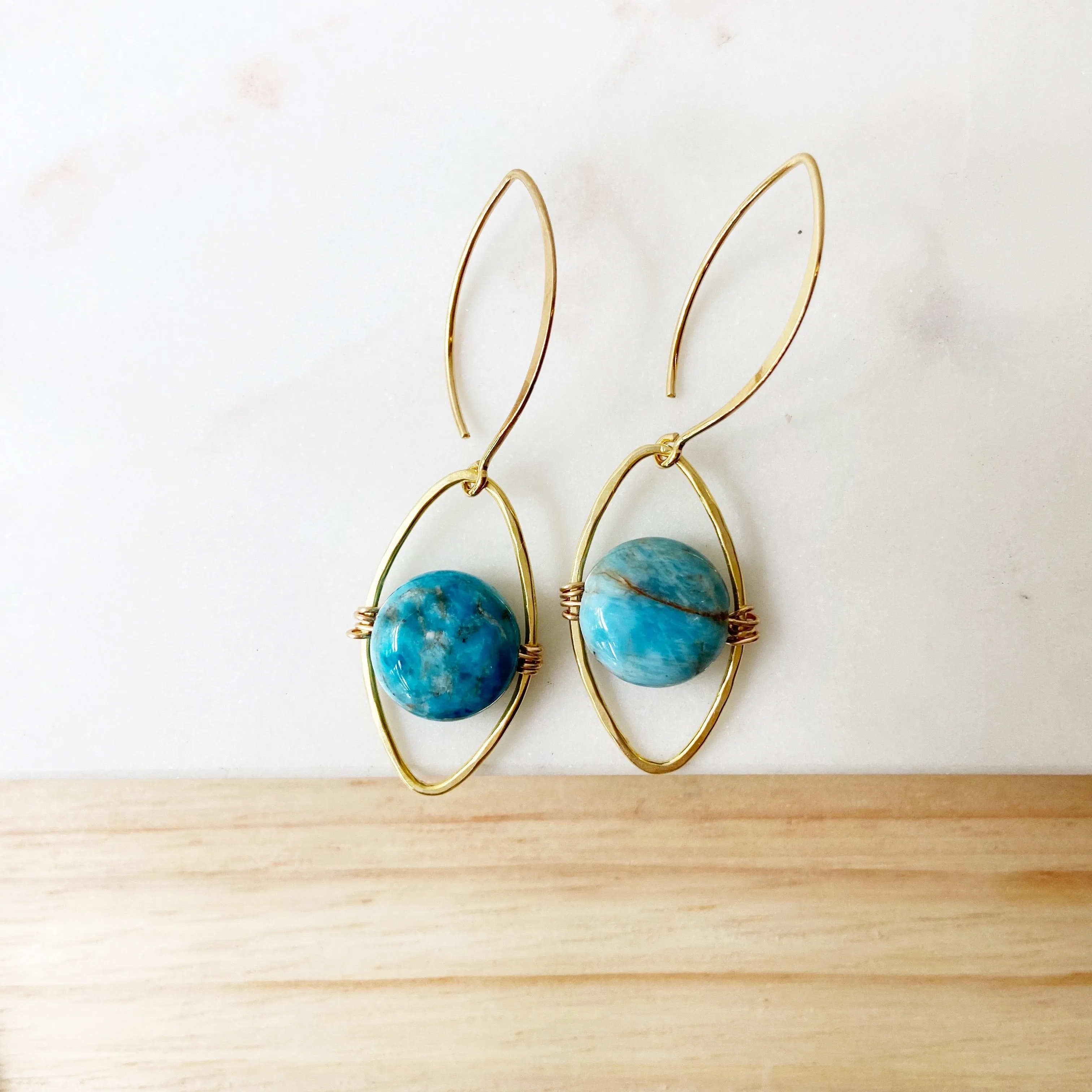 Smooth Blue Apatite Coin Evil Eye Earrings in Gold