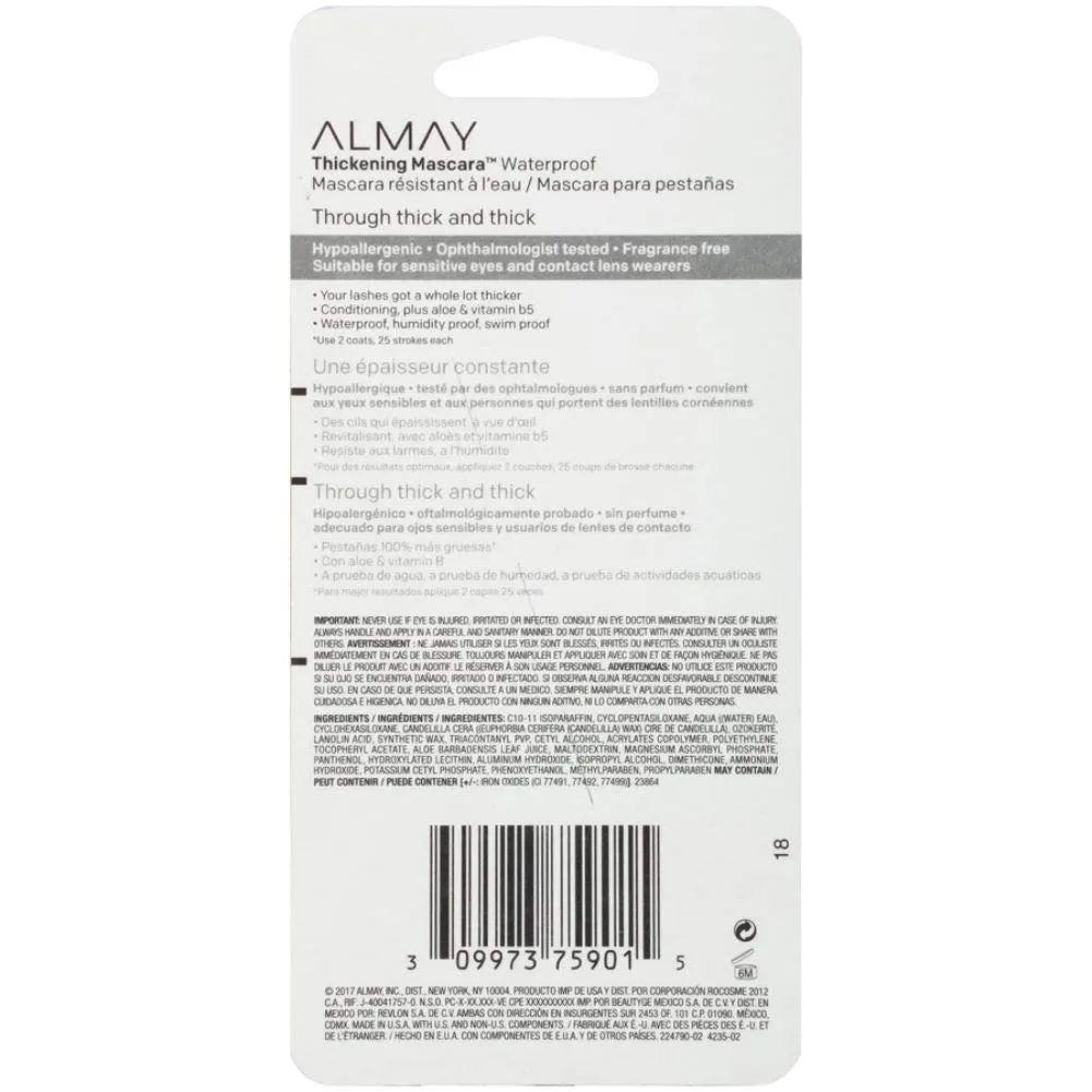 Waterproof Mascara by Almay, Thickening Volume & Length Eye Makeup, Ophthalmologist Tested, Fragrance Free, Hypoallergenic, Black, 0.26 Oz